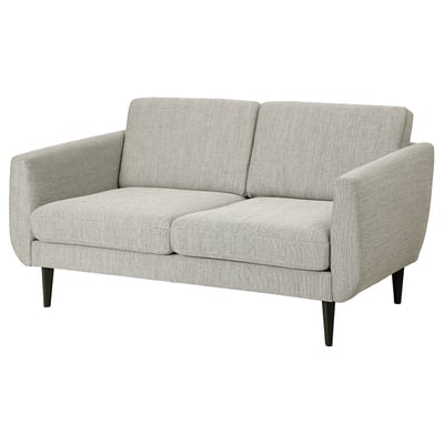 SMEDSTORP sofa: grey, fabric, mid-century style, two cushions, cone legs.