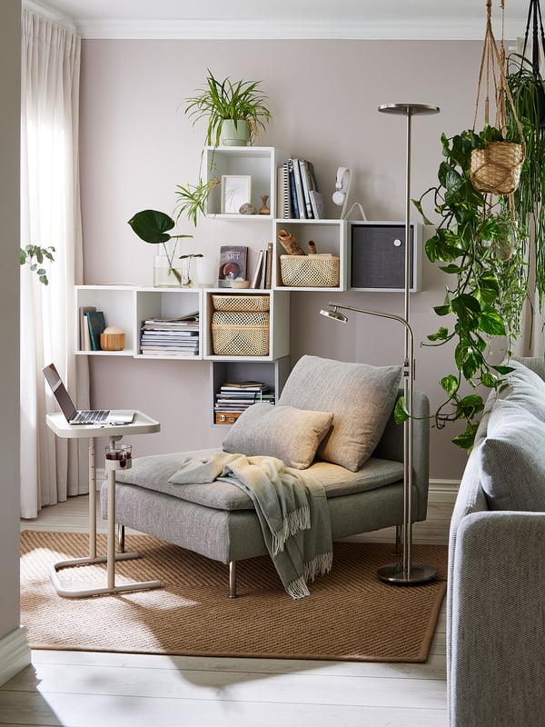 Cosy living room with light purple walls, grey SÖDERHAMN sofa, striped pillows, and various plants.