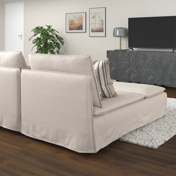 SÖDERHAMN beige fabric sofa with chaise, light wooden floor, grey marble tv unit, modern decor. Low, deep seats, stylish, airy look.