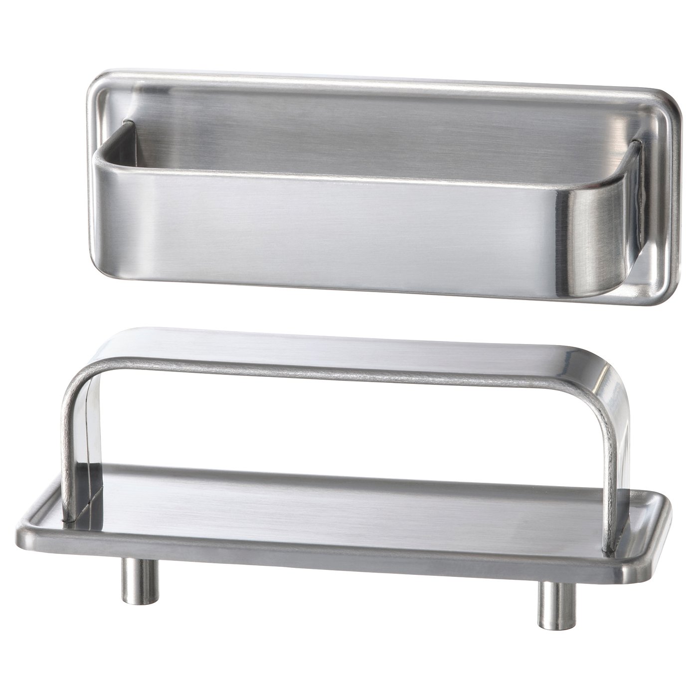 Two stainless steel kitchen accessories: a long rectangular handle and a small tray with two legs, designed for a modern yet retro look.