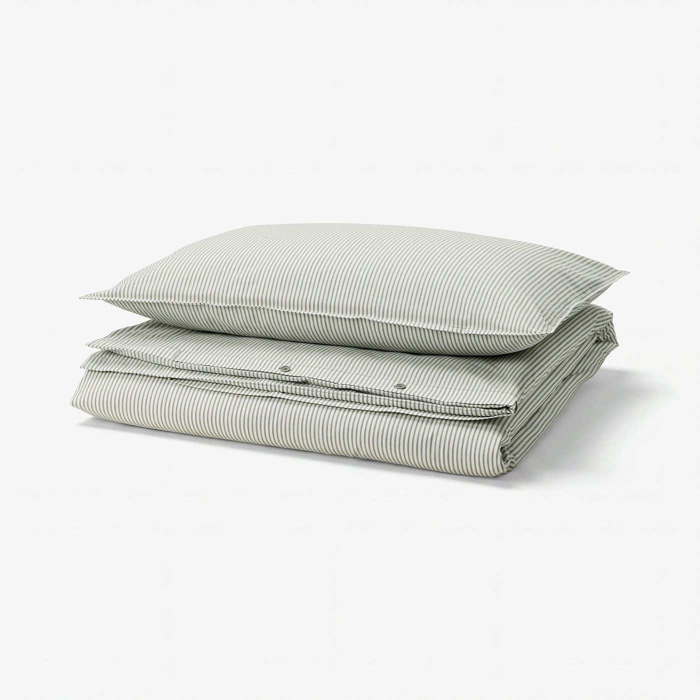 Two green and white striped pillows, neatly folded rectangular duvet cover set with classic stripe design.