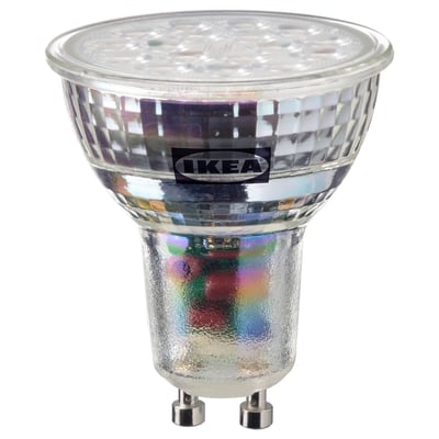 Ikea led bulb, warm-white, glass, rounded shape, reflective surface.