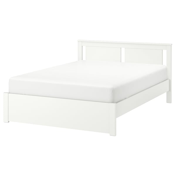A white SONGESAND bed frame with a rectangular, modern design, featuring high legs and a sturdy build.