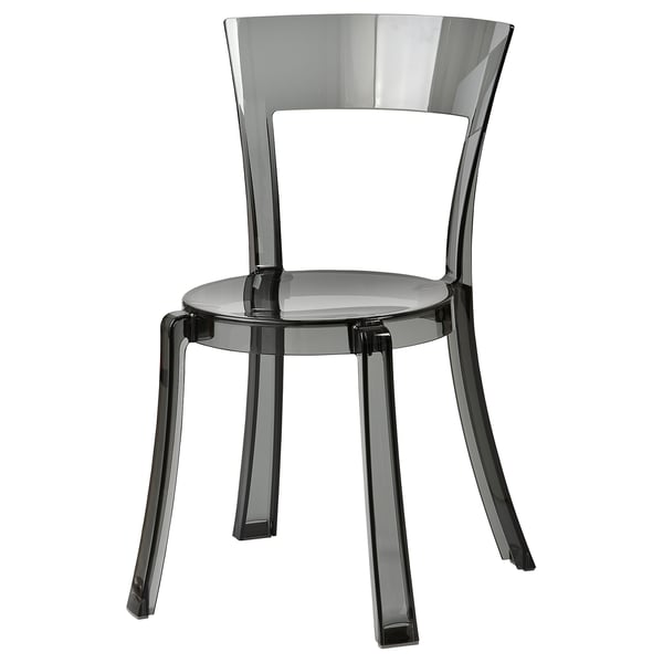 Modern transparent grey STEIN chair with polycarbonate and abs plastic, sleek rounded seat and back, rubber bumpers.