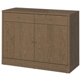 The TONSTAD sideboard in a brown finish with a brushed veneer, offering storage with drawers and cabinets.