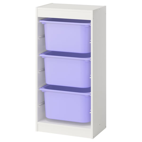 TROFAST storage unit with 3 lavender plastic bins, white frame, rectangular shape, modular design.