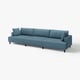 Modern blue sectional sofa with minimalist design and dark wooden legs.