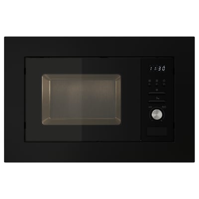 A sleek black microwave oven with a handle-free door and digital controls.