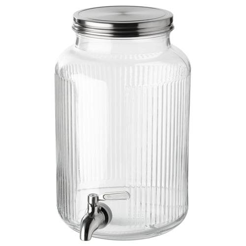 Clear glass VARDAGEN beverage dispenser with metallic tap and lid.