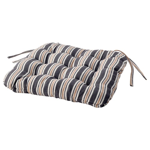Comfortable VATTENMOTT chair cushion, grey stripes, soft material, rectangular shape, ties for securing, two-toned colour scheme.