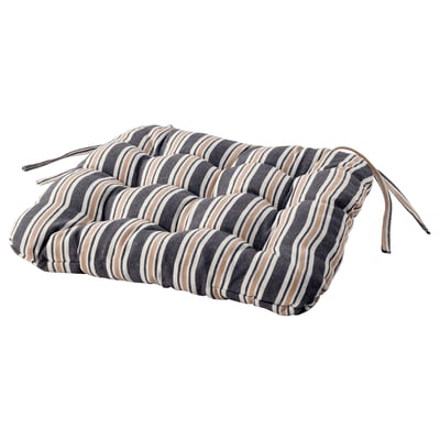 Comfortable VATTENMOTT chair cushion, grey stripes, soft material, rectangular shape, ties for securing, two-toned colour scheme.