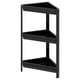 A black VESKEN corner shelf unit. Its triangular, made of polypropylene plastic, with two shelves for bathroom storage.
