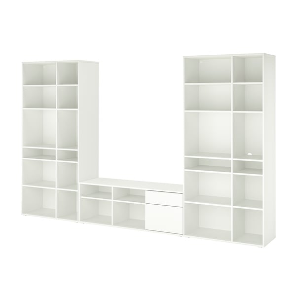 White VIHALS modular shelving unit and tv stand, sleek and modern, for organising and displaying items.