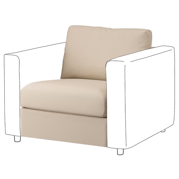 A beige VIMLE armchair. It has a minimalist square design with plush cushions, perfect for small spaces.