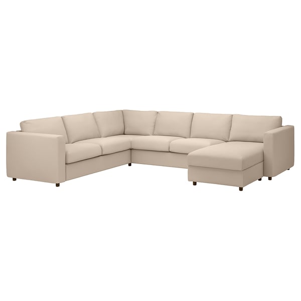 Beige VIMLE sectional sofa with chaise, high resilience foam, removable covers.