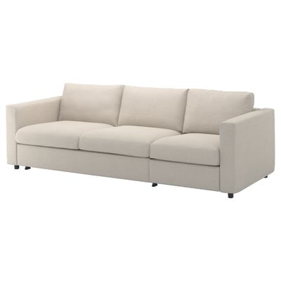 A beige, modern sofa with clean lines and removable, machine-washable covers made from recycled polyester.