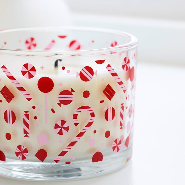 VINTERFINT Scented candle in glass, Candy cane/white, 50 hr