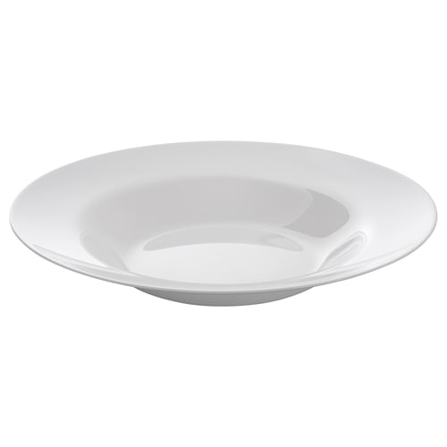 White VITBLECKA deep glass plate, sleek and shiny, perfect for various dishes.