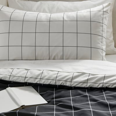 VITKLÖVER Comforter set, white black/check, 150x200/50x80 cm