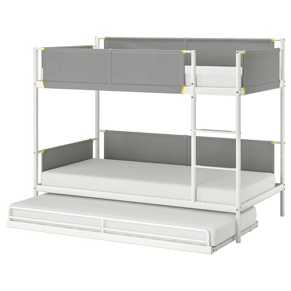 White IKEA VITVAL bunk bed with pull-out trundle, steel frame, grey fabric guards.