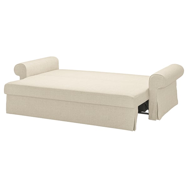 A beige VRETSTORP sofa-bed with rolled arms and a fabric cover, designed for comfort and easy conversion.