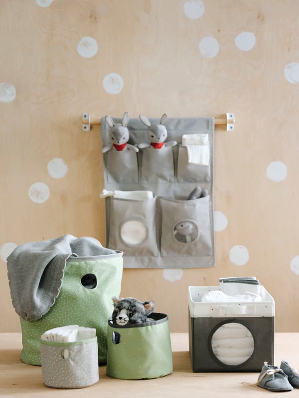 LEN reversible storage box, hanging storage and box in greys and greens.