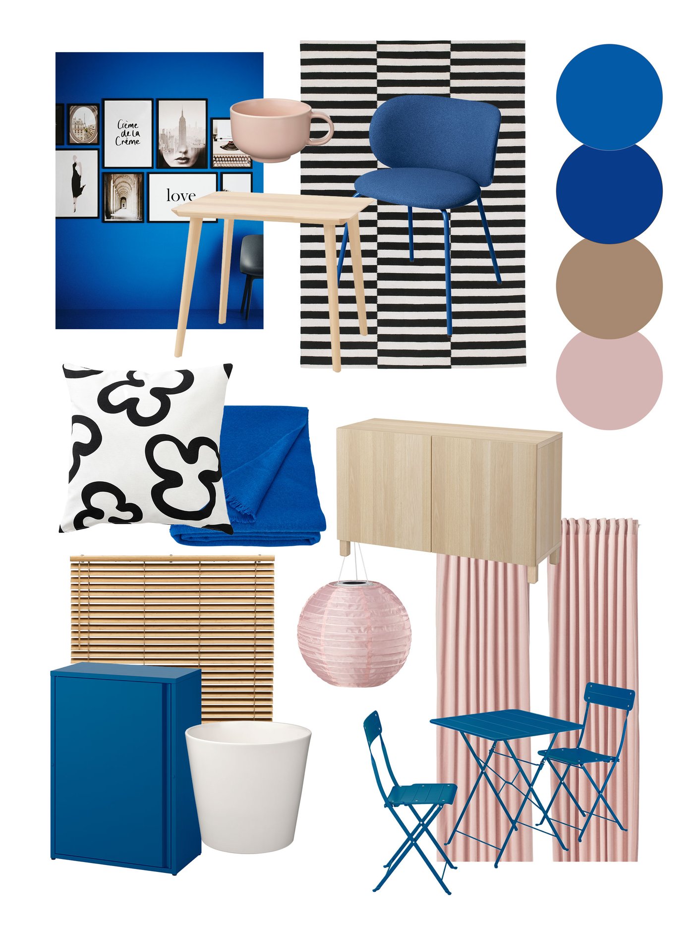 Moodboard i blå, beige och rosa toner med stolar, bord, skåp, textilier, väggkonst, belysning, krukor och gardiner i grafiska och randiga mönster.