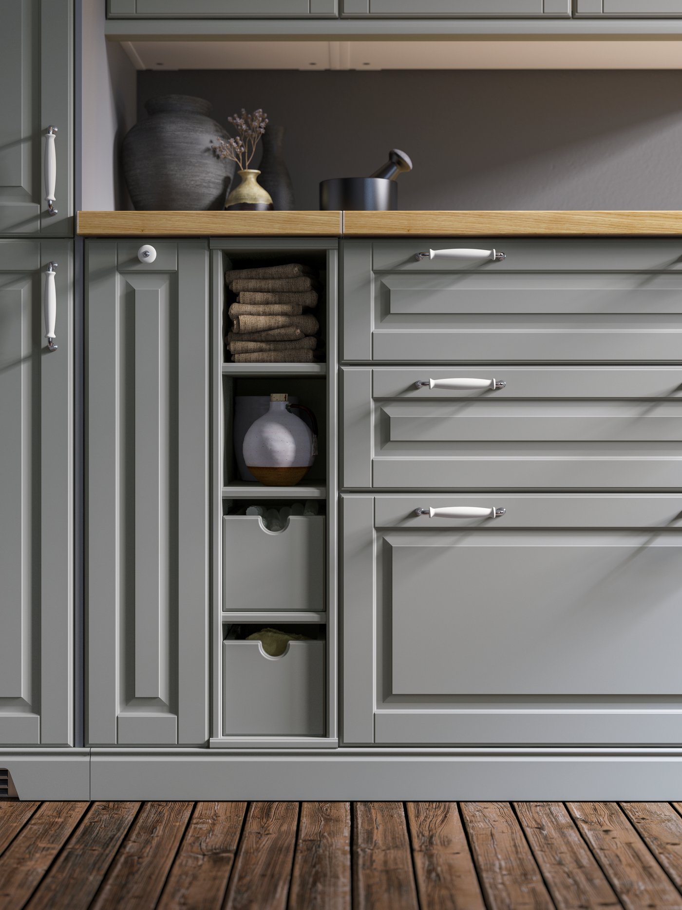 A grey TORNVIKEN box in the kitchen