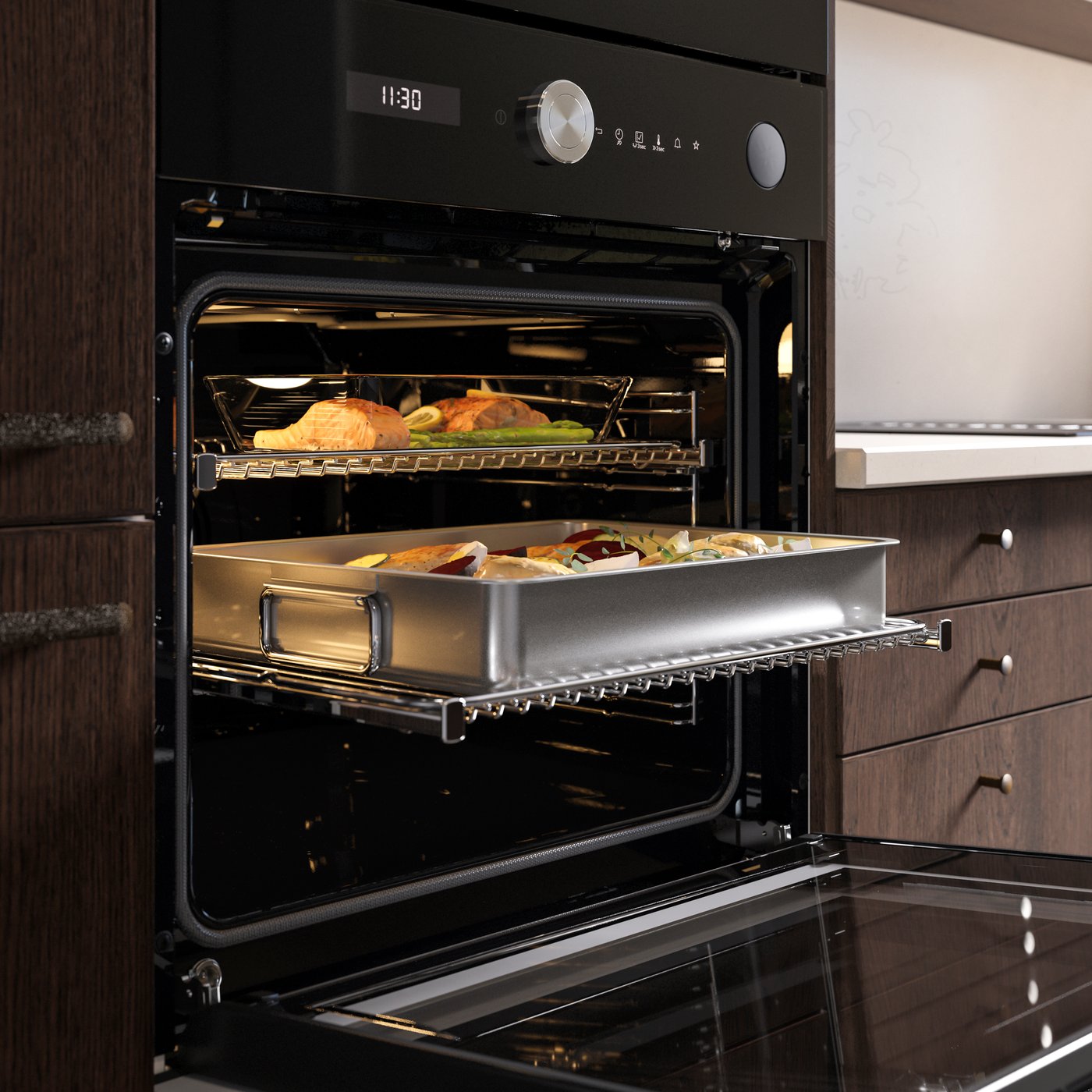 En svart FINSMAKARE varmluftsugn i 700-serien från IKEA med pyrolys- och ångfunktion.
