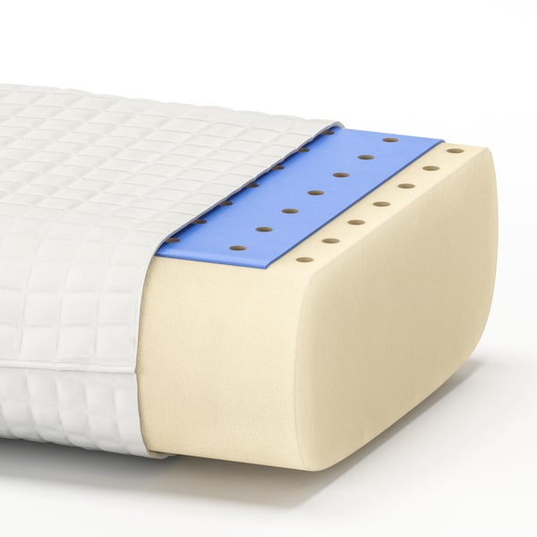 Vue en coupe d’un oreiller ergonomique KLUBBSPORRE pour personnes dormant sur le côté et le dos, montrant le garnissage en mousse à mémoire de forme et la couche de gel.