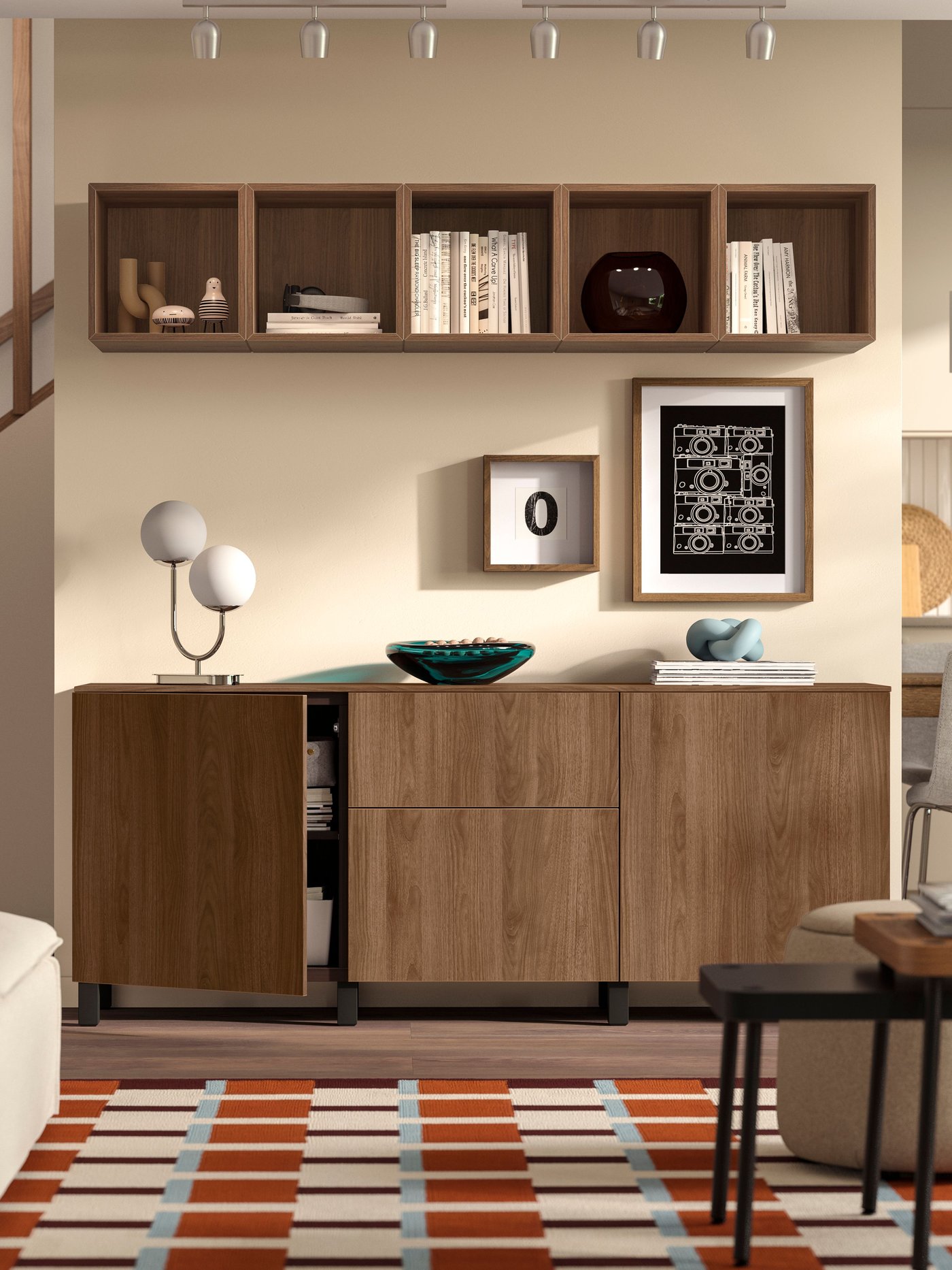 A black-brown/Lappviken/Stubbarp walnut effect BESTÅ storage combination with drawers in the living room