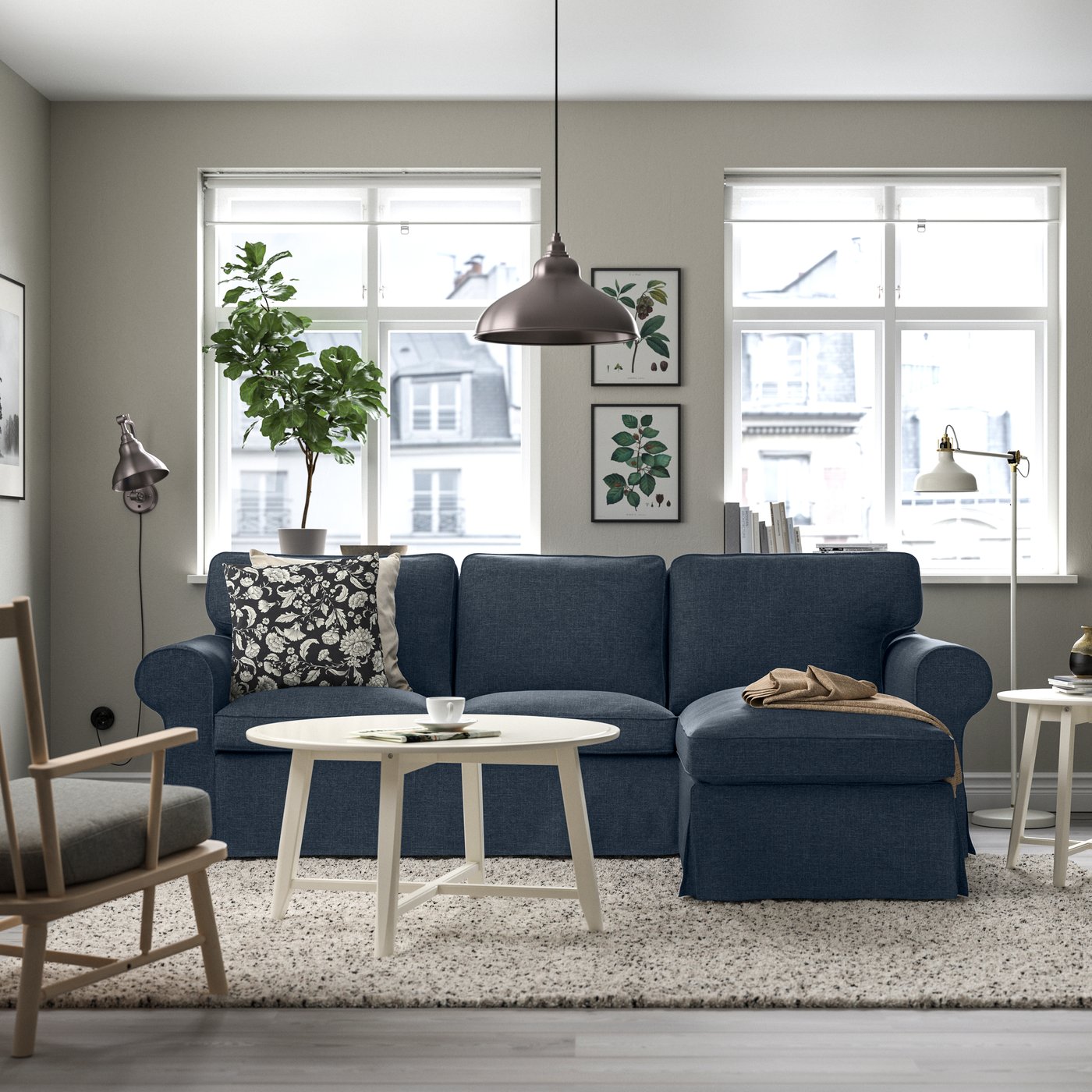A Kilanda dark blue EKTORP 3-seat sofa with chaise longue