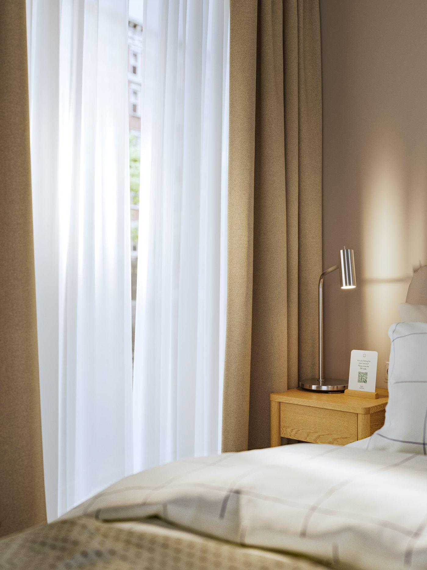 A hotel room window with a pair of thin, white HILJA curtains and yellow-beige ROSENMANDEL room darkening curtains.