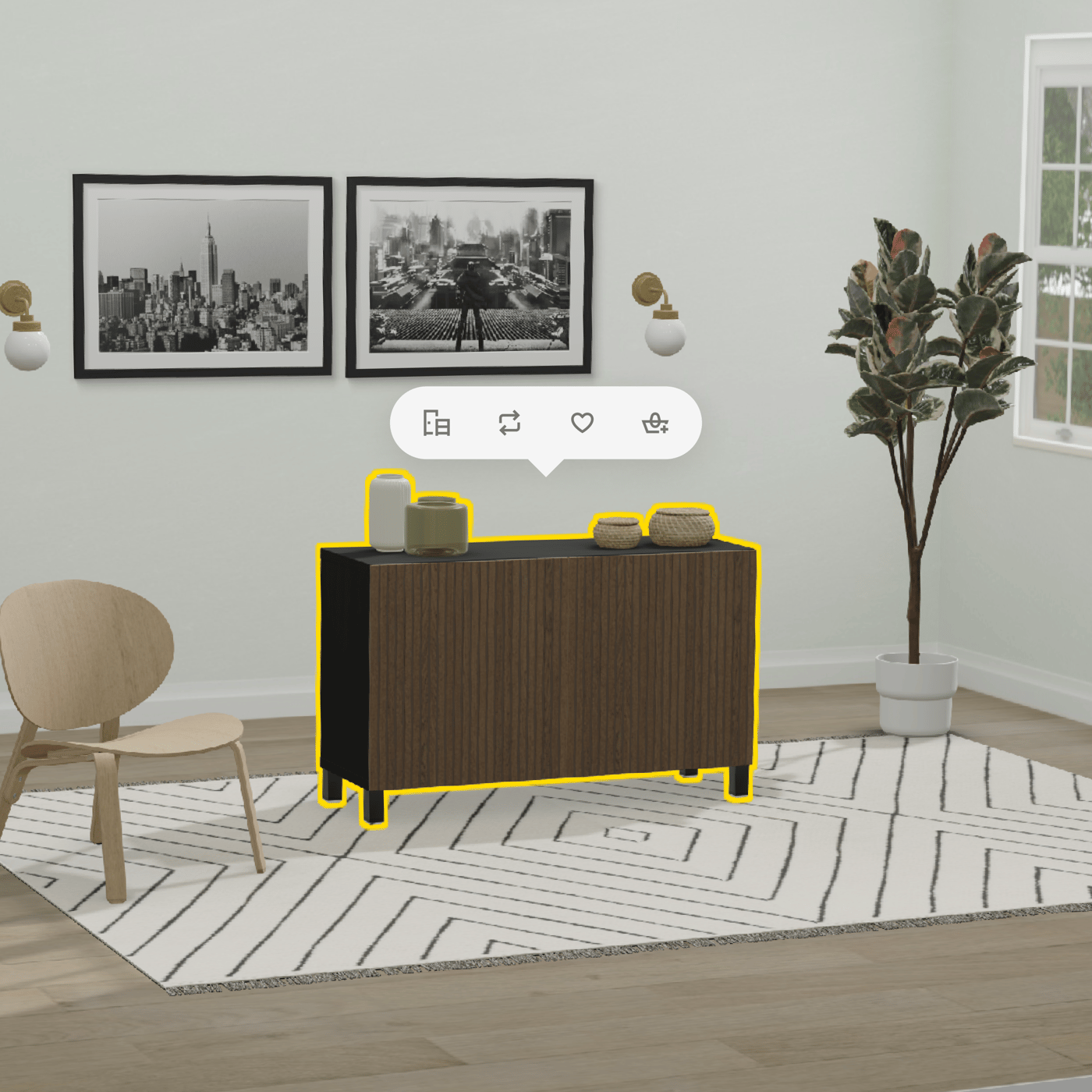 A graphic view of IKEA Kreativ with a walnut BESTÅ cupboard with a yellow line.