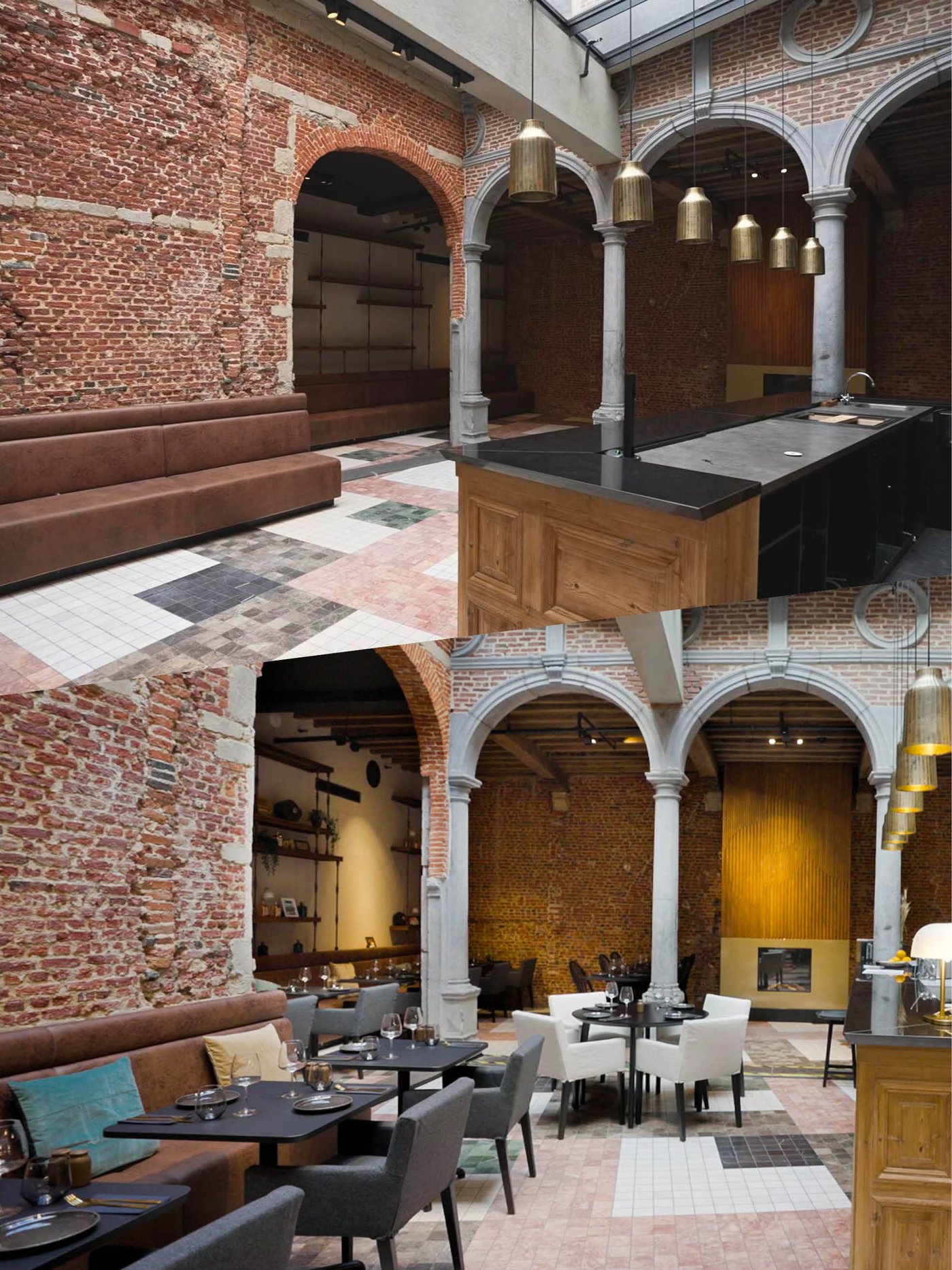 Voor en na: historische ruimte met bakstenen muren transformeert tot sfeervol restaurant met moderne tafels.
