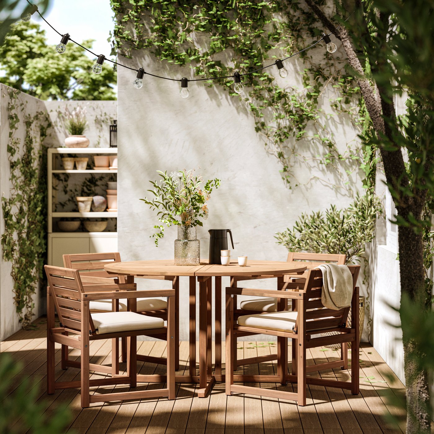 A light brown stained NÄMMARÖ table, outdoor
