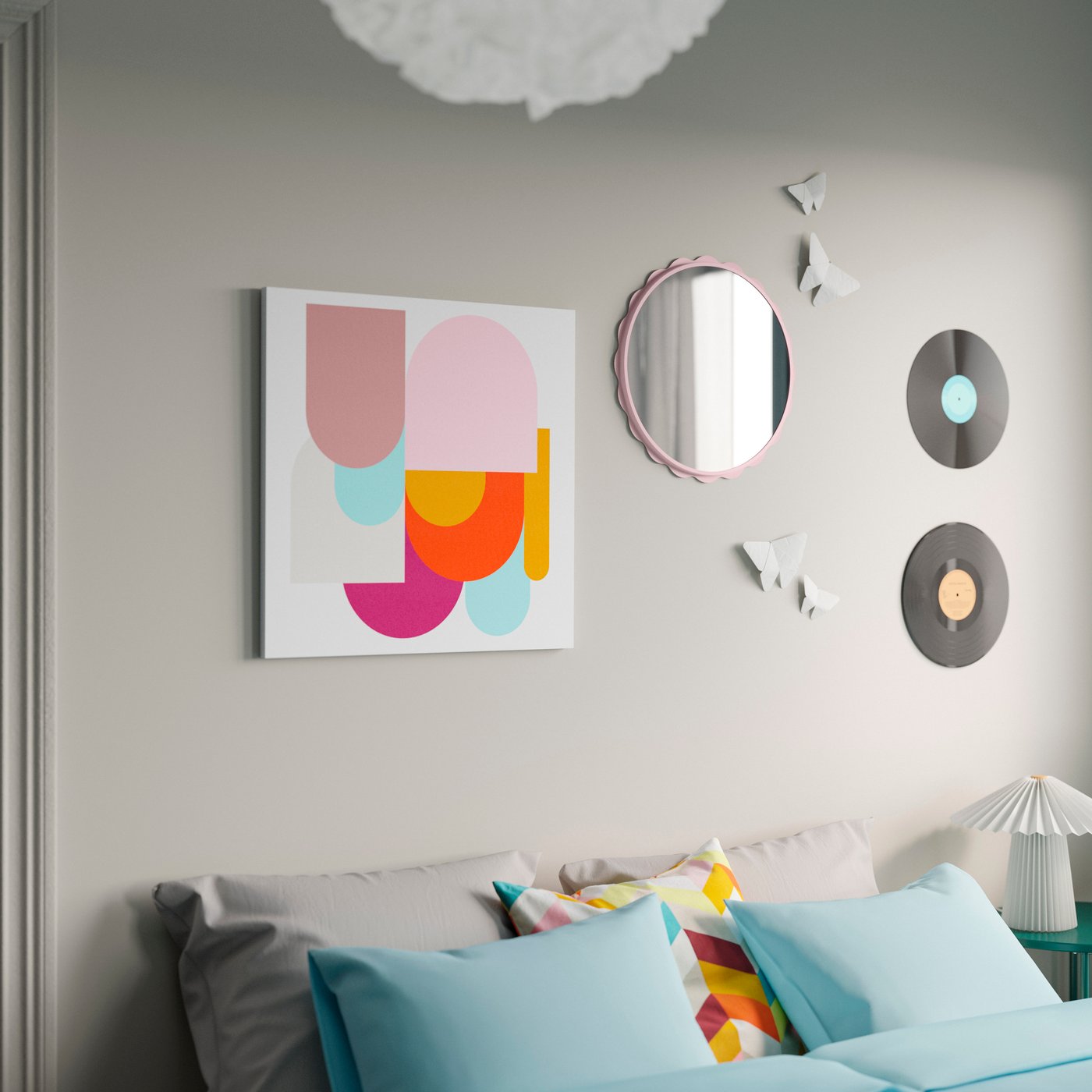 A light pink DAGGKAPRIFOL mirror in the bedroom