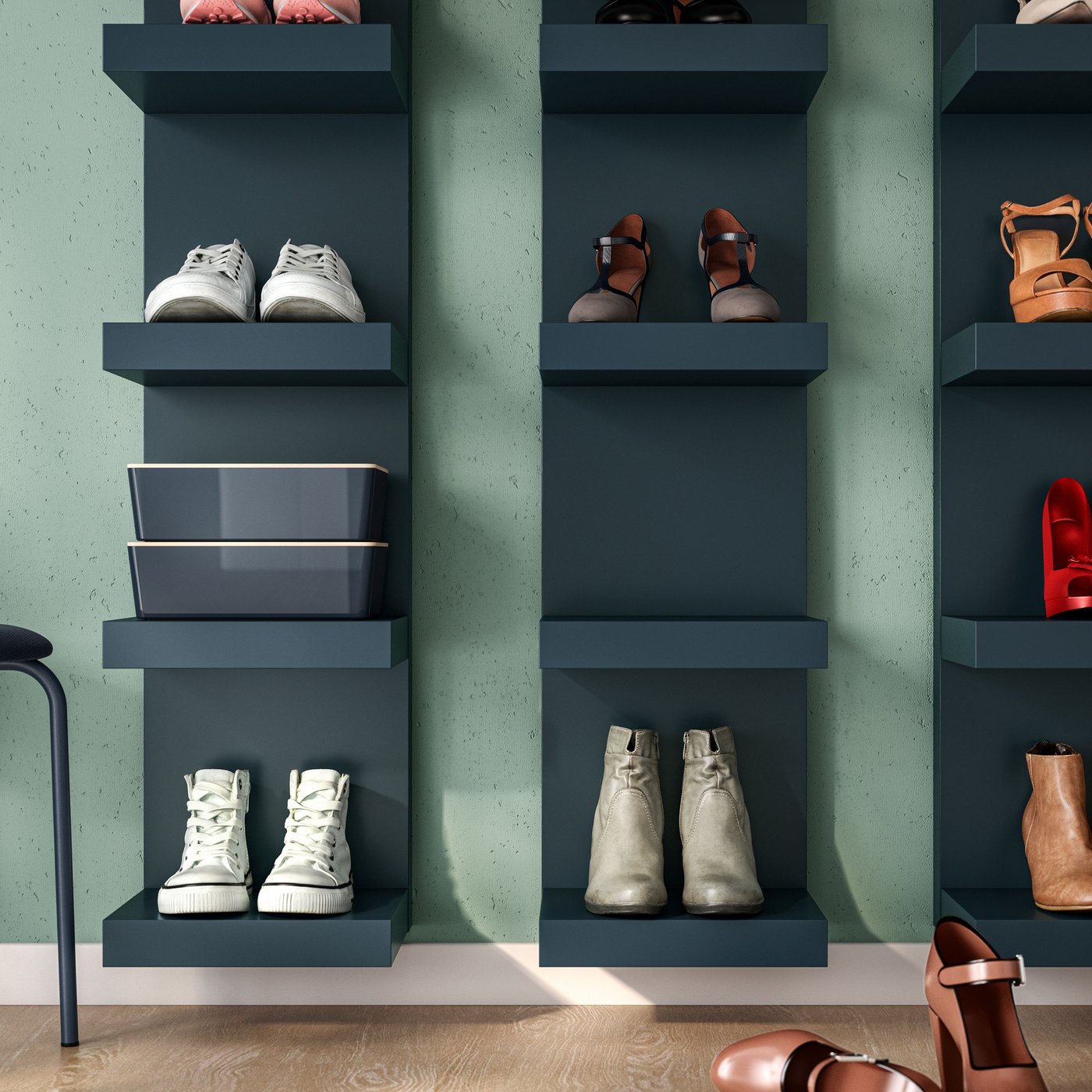 A black-blue LACK wall shelf unit in the hallway