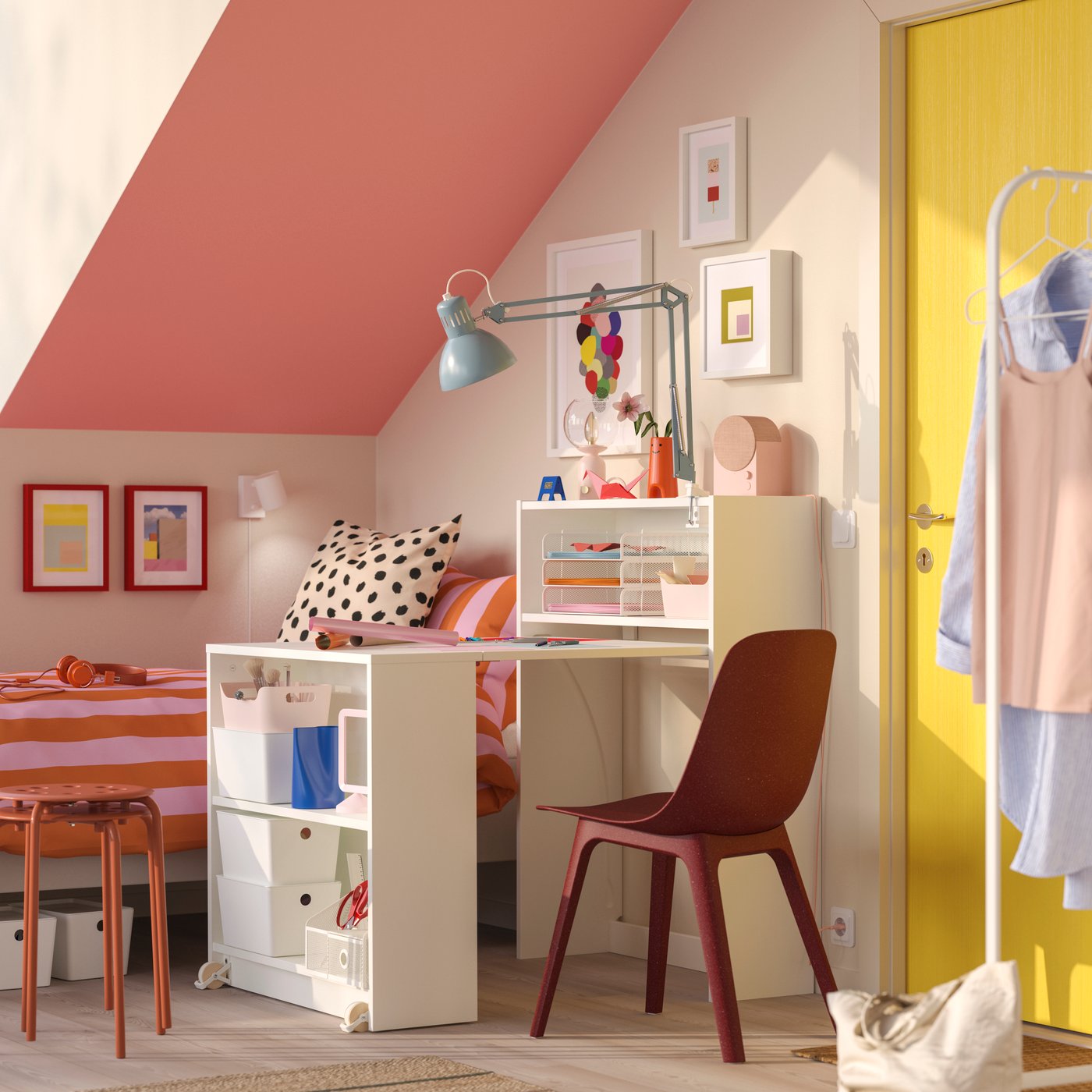 A white BILLY bookcase with foldable table