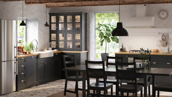 A black stained LERHYTTAN door in the kitchen