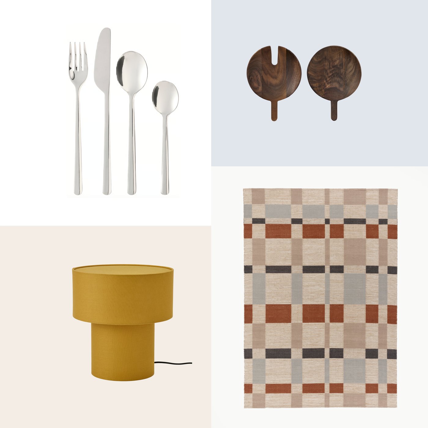 A shopping spread features LÖFTESRIK cutlery, OLIVTRAST 2-piece serving set, STOCKHOLM 2025 table lamp and BLÅLJUS rug.
