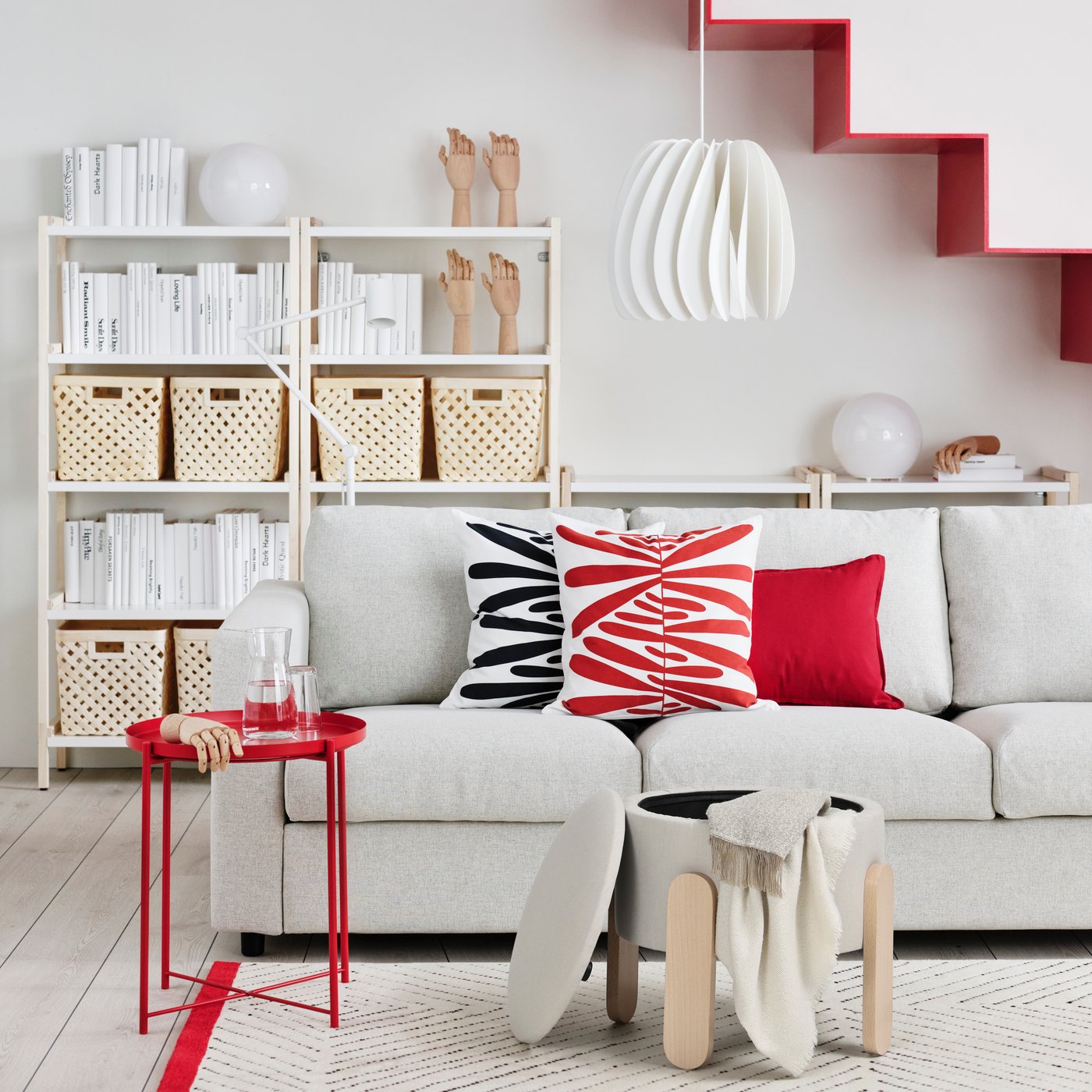 A red GLADOM tray table in the living room