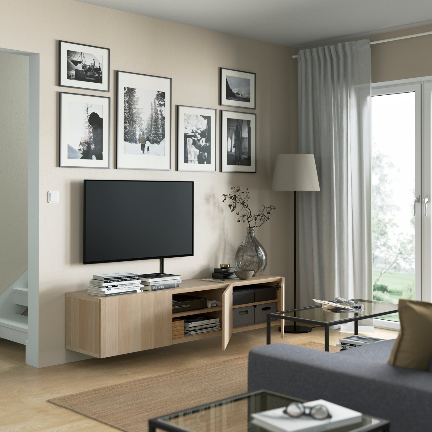 A white stained oak effect/Lappviken white stained oak effect BESTÅ TV bench with doors