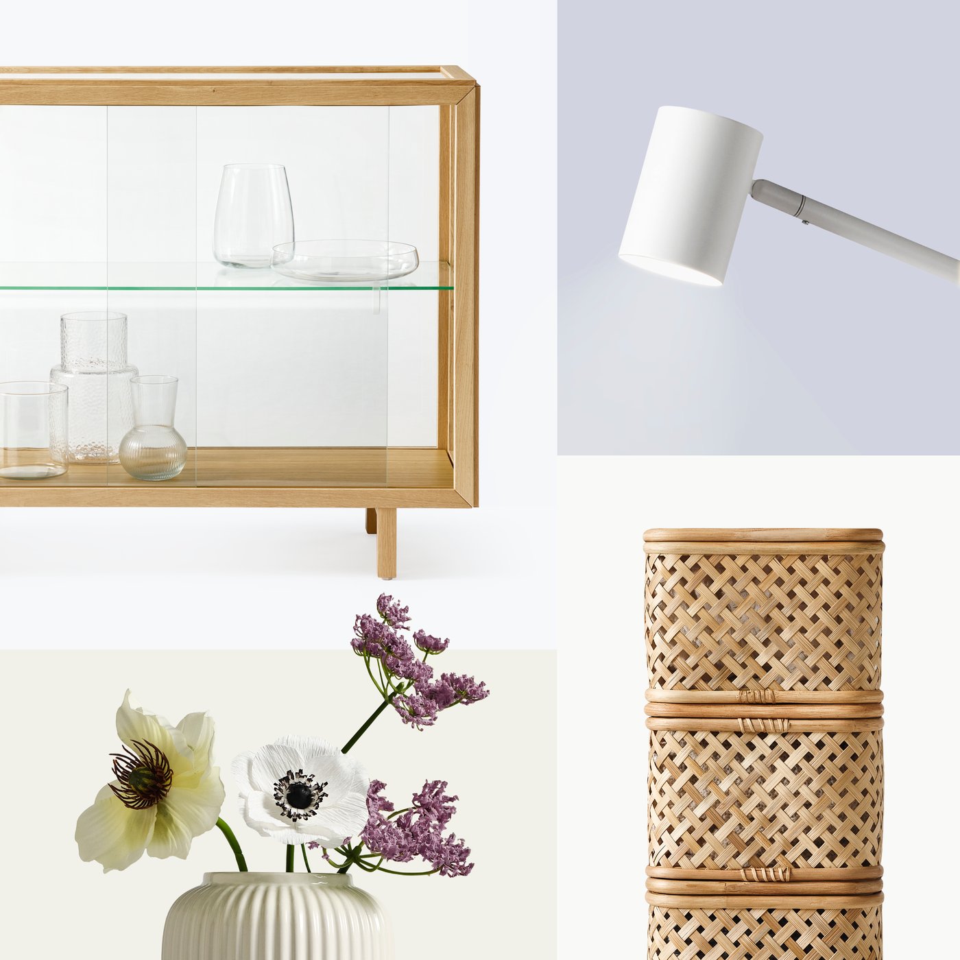 Un montage de quatre images montrant une vitrine STOCKHOLM, un lampadaire NYMÅNE blanc, un vase avec des fleurs et des paniers empilés.