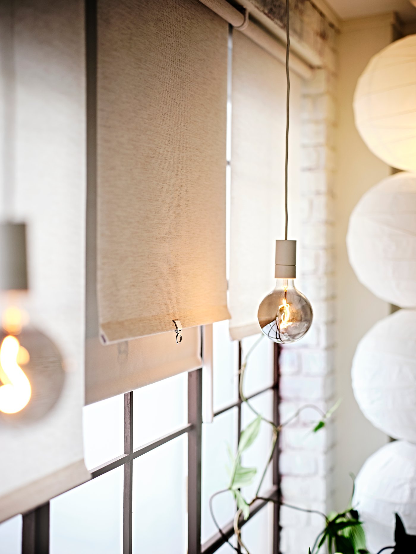 A beige SANDVEDEL roller blind and white LED bulb in front of the window.