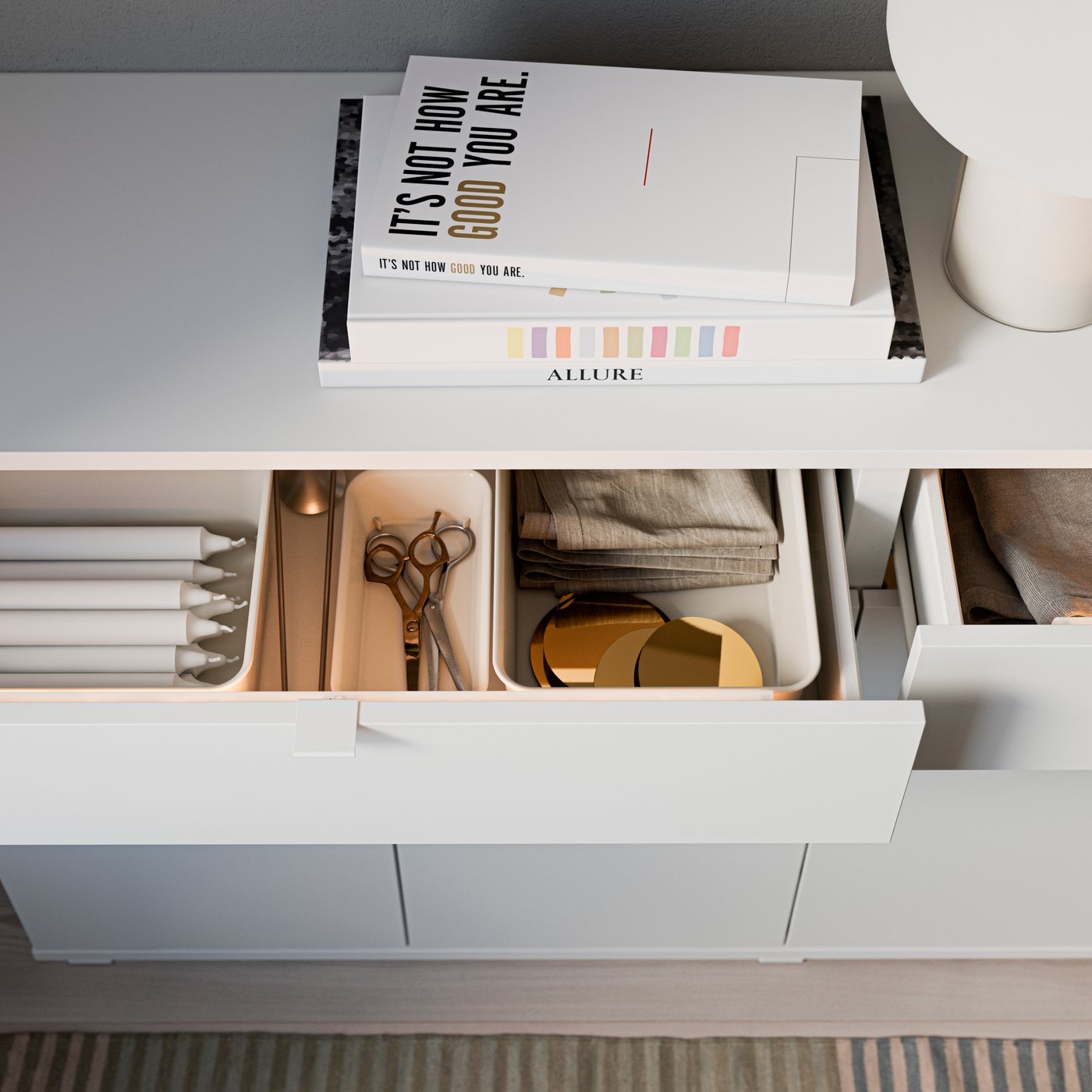 A white VIHALS sideboard in the living room