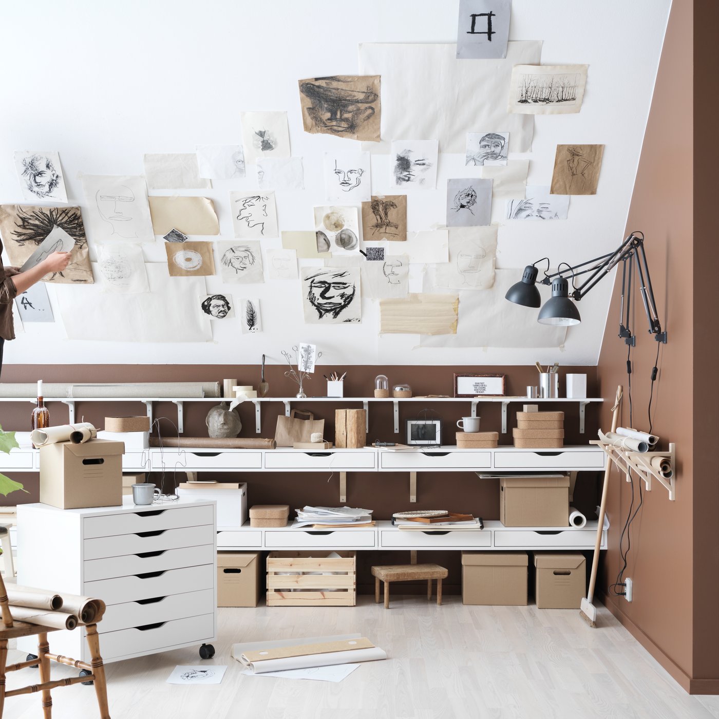 A white EKBY ALEX shelf with drawers