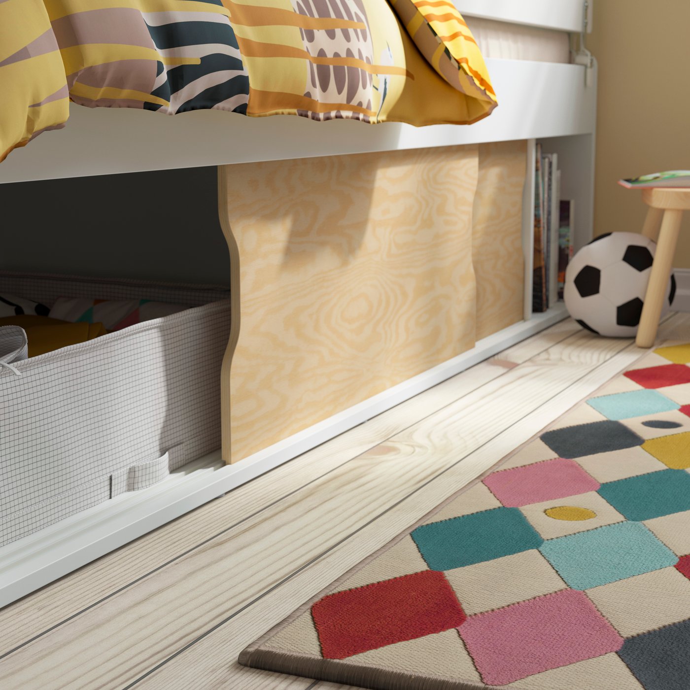 A white KLIPPUGGLA bed frame with storage in the childrens room