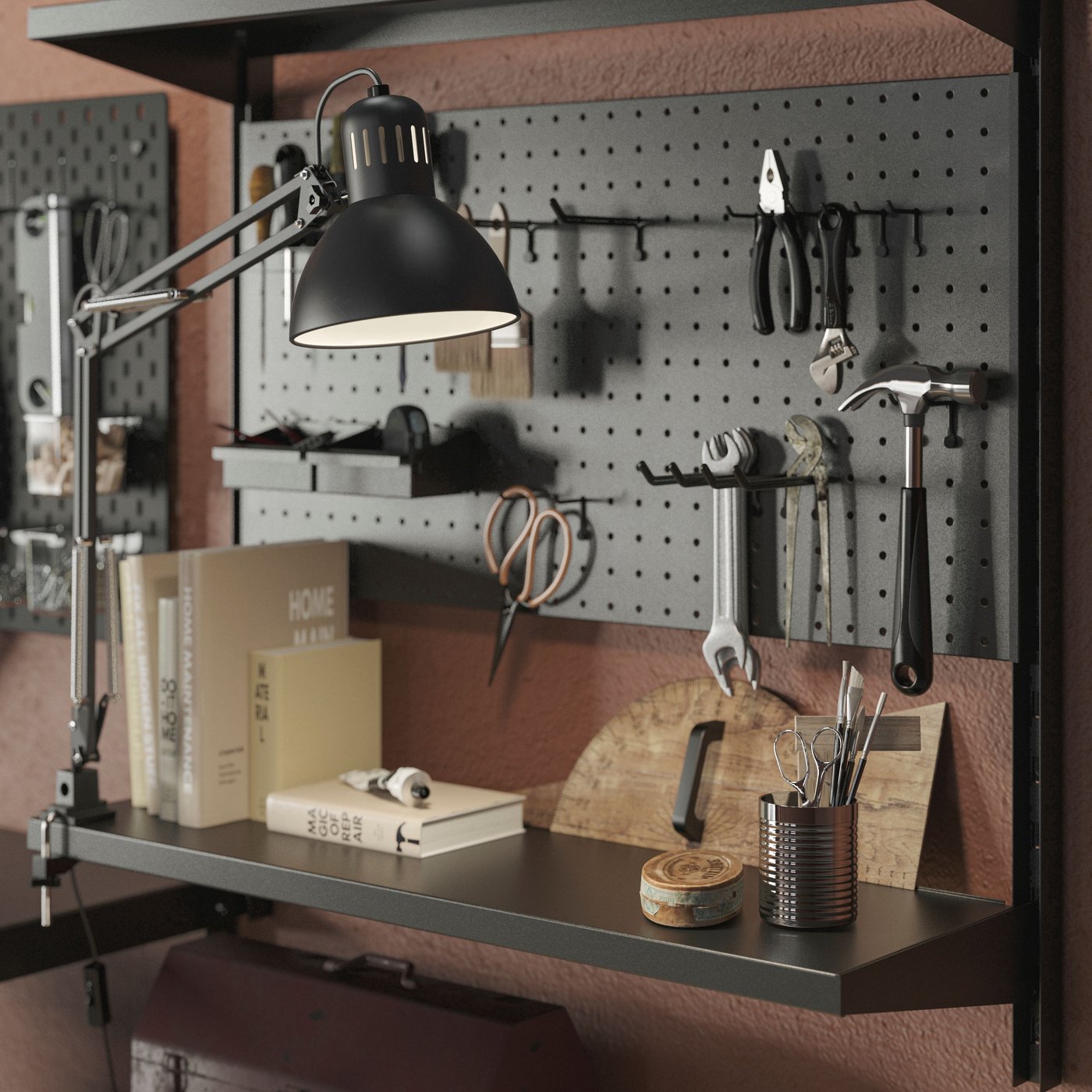 Part of a garage care-and-repair corner with tools neatly arranged on a BROR wall-shelf combination and a SKÅDIS pegboard.