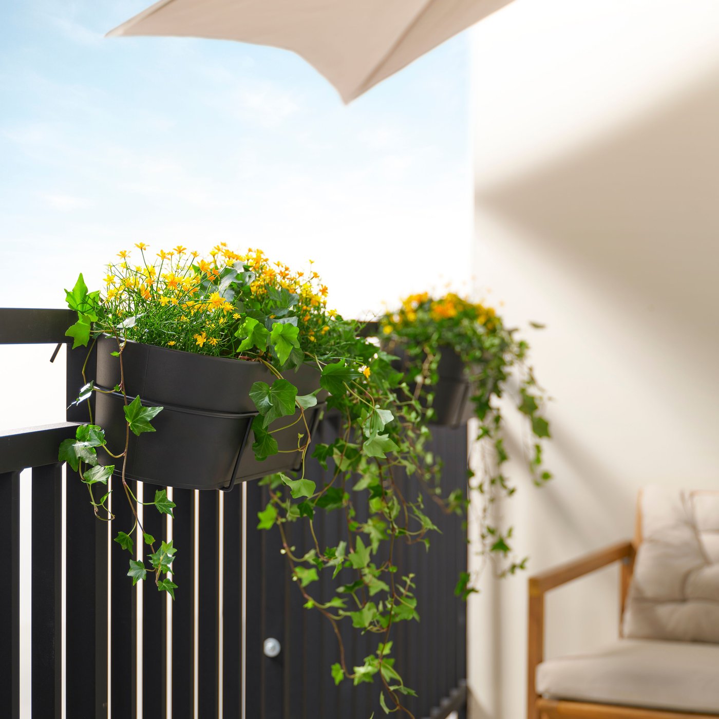 An in/outdoor/anthracite VITLÖK flower box with holder outside